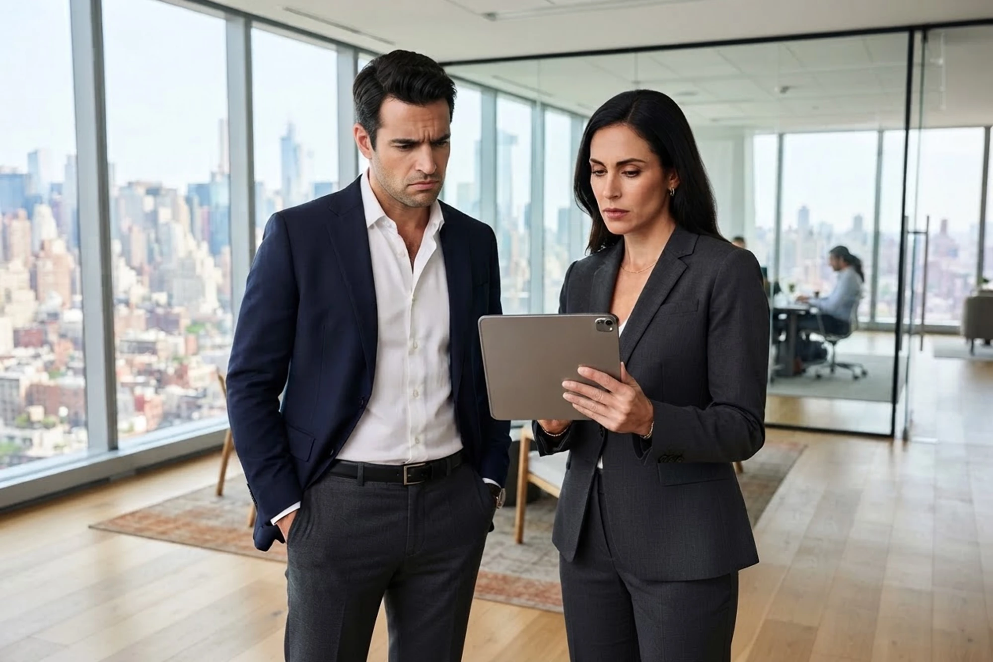 woman whistleblower presenting chart man dissatisfied copy