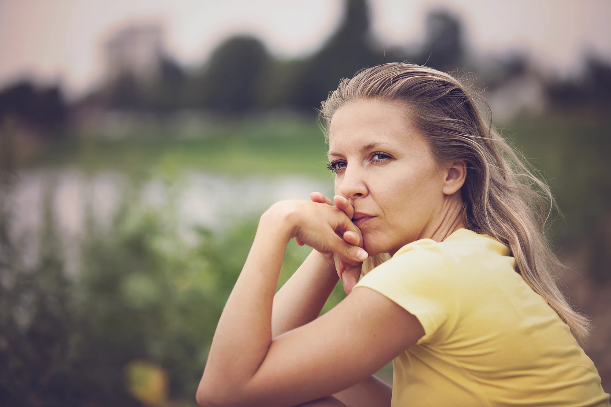 woman worker thinking in field about severance pay